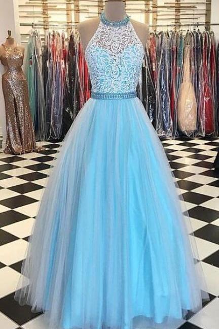 Blue Tulle Lace Prom Dress, Prom Dress,tulle Prom Dress,sexy Prom Dress,long Prom Dress, Lace Evening Dress