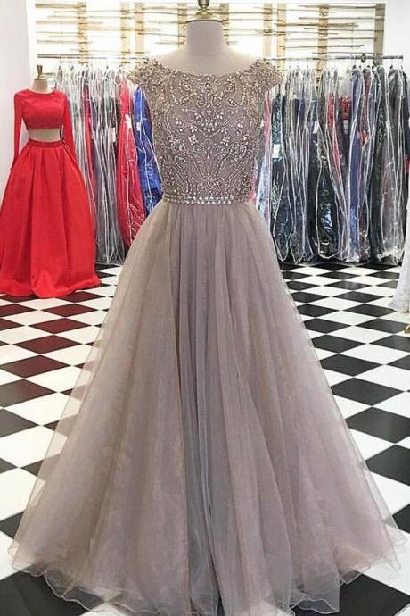 Beading Prom Dress,sexy Prom Dress,tulle Prom Dress,unique Round Neck Sequin Long Prom Dress, Evening Dress, Champagne Formal Dress,prom Gowns