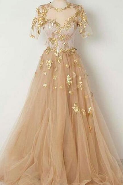 Round Neck Prom Dress,Tulle Prom Dress,Cheap Prom Dress,Champagne Prom Dress,tulle long prom dress,Sexy evening dresses
