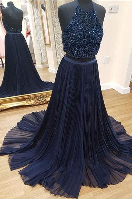 Dark Blue Prom Dress,two Pieces Prom Dress,sexy Prom Dress,beading Prom Dress,long Prom Dress, Formal Dress