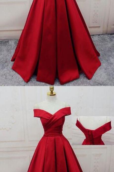 Gorgeous Red Prom Dresses, Off-the-shoulder Prom Dress,stain Prom Dress, Ball Gown Party Dresses Satin, Sweep Train Sashes / Ribbons Formal