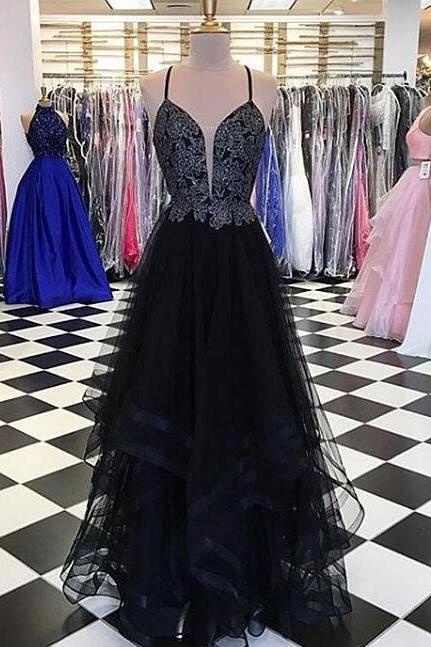 Black V Neck Prom Dress,sexy Prom Dress,beading Prom Dress 2018,lace Tulle Long Prom Dress, Black Evening Dress