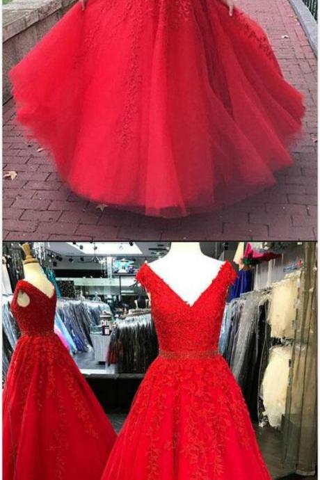 Sexy Ball Gown Prom Dresses, Lace Prom Dress,red Tulle Appliques Prom Dress, Princess Quinceanera Dress, Formal Gown