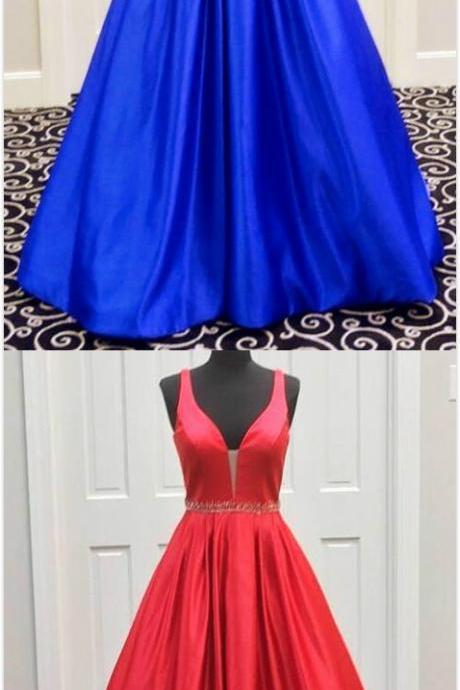 Red V-neck Prom Dress,blue Prom Dress,a-line Long Prom Dress,sexy Prom Dress,sleeveless Beaded Waist Evening Dress