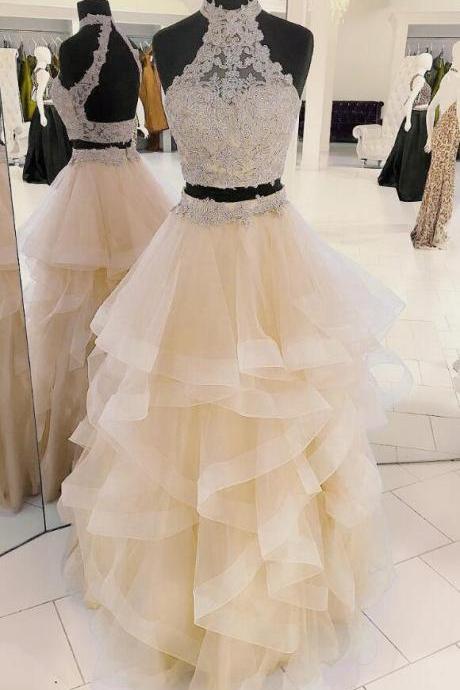 Halter Champagne Prom Dress, Two-piece Prom Dress, Prom Dress,beading Prom Dress,tulle Long Prom/evening Dress With Appliques