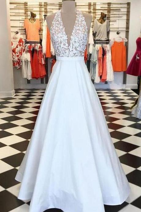 Sexy Prom Dress,lace Prom Dress, Prom Dress,v Neck Prom Dress,halter White Long Prom Dresses With Appliques