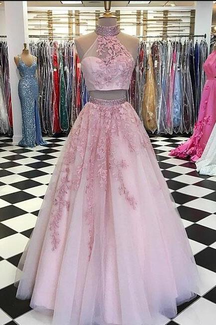 Pink Prom Dress,two Pieces Prom Dress, Prom Dress,lace Tulle Long Prom Dress, Pink Evening Dress,2018 Prom Dress