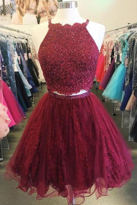 Burgundy Prom Dress,lace Prom Dress,sexy Prom Dress,a-line Halter Two-piece Homecoming Dress,lace Short Prom Homecoming Dresses