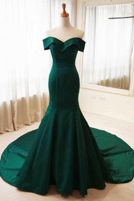 Green Satin Prom Dress,stain Prom Dress,sexy Prom Dress,off-shoulder Mermaid Long Prom Dress,sweep Train Formal Dresses