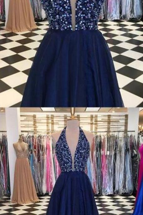 Sexy Prom Dress,V neck Prom Dress,Beading Prom Dress,Chiffon Prom Dress,Elegant Blue Tulle Prom Dresses, Long Evening Dress, Formal Gown
