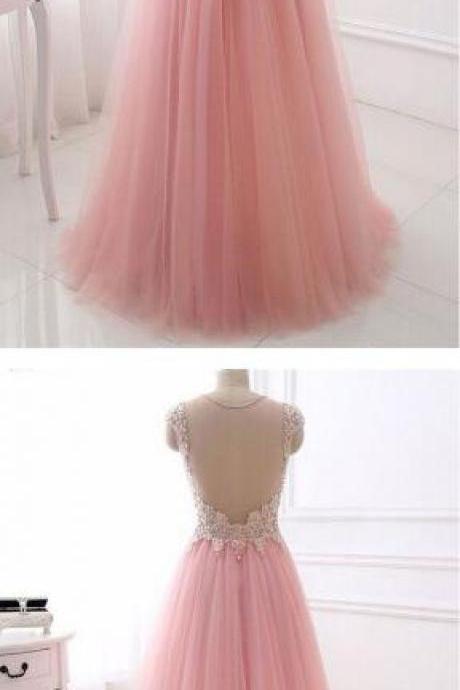 Pink V-neck Prom Dress,chiffon Prom Dress, Prom Dress,sexy Prom Dress,beading Long Tulle Prom Dresses,party Dresses,fashion Prom Dress