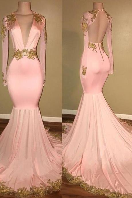 Gorgeous Prom Dress,sexy Prom Dress,lace Prom Dress,long Sleeve V-neck Prom Dress, 2018 Mermaid With Gold Crystal