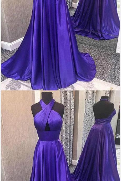 Floor Length Prom Dress,Backless Prom Dress,Stain Prom Dress,Satin Tie-Halter Prom Dress,A-Line Formal Dress ,Featuring Cutout Front and Open Back Prom Dress,Prom Dress