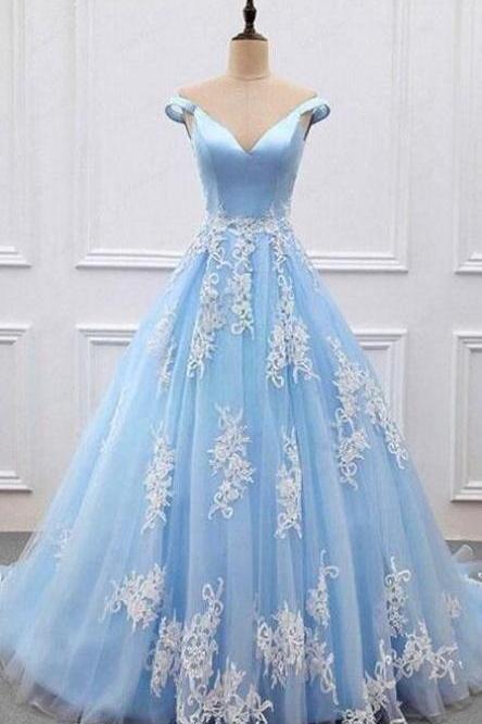 Sky Blue Prom Dress,Lace Prom Dress,V-neck A-Line Prom Dress,Lace Appliques Tulle Prom Dresses,Formal Women Dress