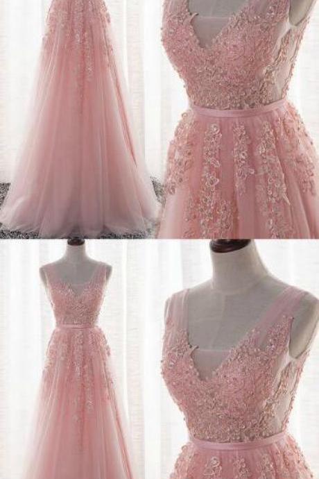 Long Pink Prom Dress,sexy Prom Dress,lace Prom Dress,tulle Prom Dresses,v Neck Appliques Prom Dresses,a-line Women Formal Gowns,long Party
