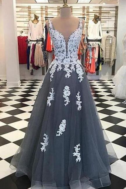 Gray Prom Dress, Prom Dress,a Line Prom Dress,tulle Lace Long Prom Dress, Lace Evening Dress