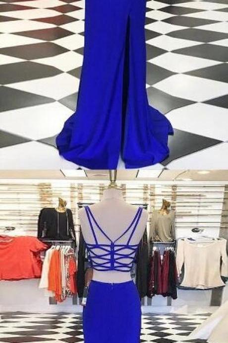 Royal Blue Prom Dresses, Simple Prom Dress,sexy Prom Dress,two Piece Prom Dresses, Prom Dresses With Split Side, Dresses For Women, 2018 Womens