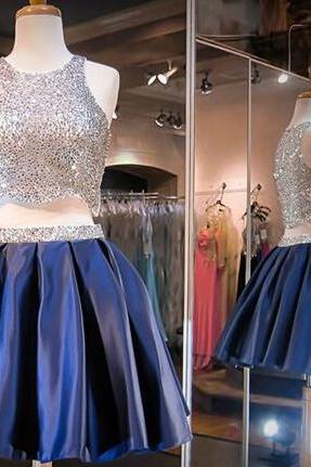 Two Piece Homecoming Dresses,beading Homecoming Gowns,navy Blue Homecoming Dress,short Prom Gown,stain Prom Dress,sweet 16 Dress,bling Homecoming