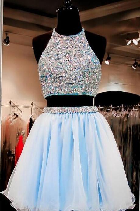 Tulle Homecoming Dress ,2 Pieces Prom Dress,Light Sky Blue Homecoming Dresses ,Sexy Prom Dress, Two Piece Cocktail Dresses ,Sweet 16 Gowns ,Evening Gown