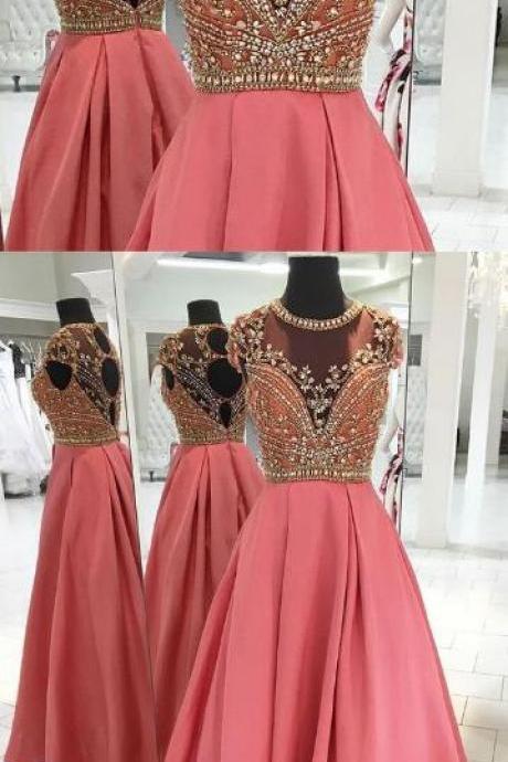 Sexy Beading Prom Dress, Prom Dress,satin Prom Dress,chiffon Prom Dress, See Through Back Long Formal Dress With Sliver Beads, Prom Dresses For