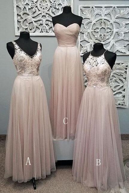 Blush Pink Lace Prom Dress,chiffon Prom Dress,lace Custom Bridesmaid Dresses,sexy Prom Dress, Unique Tulle Long Bridesmaid Gown