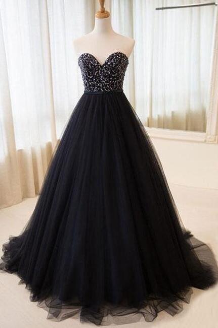 Elegant Prom Dress,beading Prom Dress,tulle Prom Dress,a-line Prom Dress,sexy Prom Dress,sweetheart Black Tulle Long Prom/evening Dress