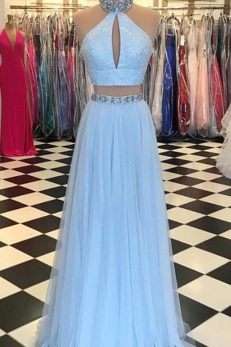 Light Blue Prom Dress,sexy Beaded Prom Dress,high Neck Two Piece Prom Dress,2018 Split Formal Dress,blue Evening Dresses