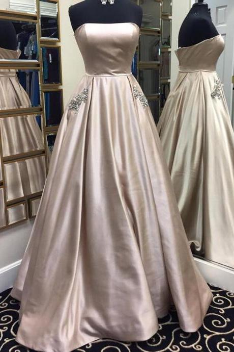 Gorgeous Champagne Prom Dress, Stain Prom Dress,long Beaded Prom Dress With Pockets,a-line Satin Evening Dresses