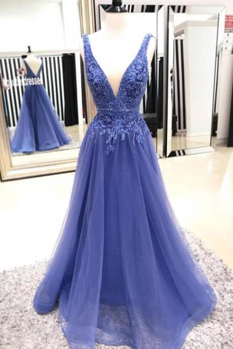 A Line Appliques Prom Dresses , Sexy Tulle Prom Dress, V Neck Tulle Prom Dress, Prom Dress,long Evening Dress