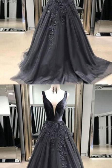 Grey Tulle Prom Dress With Appliques, Sexy Prom Dress, Prom Dress,a-line V-neck Sweep Train Prom Dress,gorgeous Grey V Neck Long Prom Dresses,
