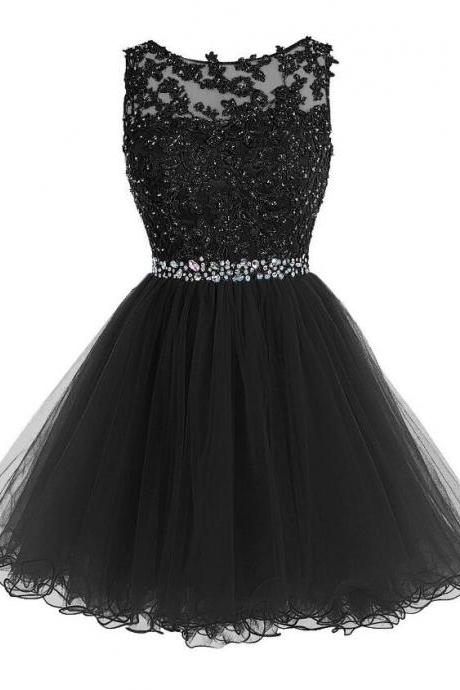 Lace Prom Dress, Tulle Prom Dress,prom Party Gown, Sexy Black Short Homecoming Dress, Short Beaded Prom Dress, Tulle Applique Evening Dress,