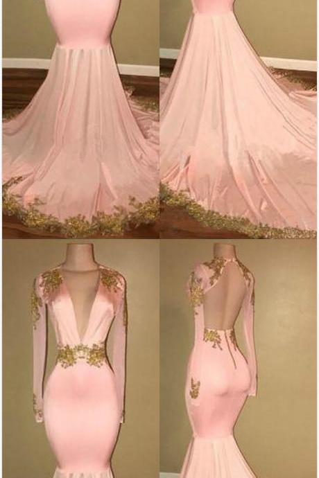 Sweep/brush Train Prom Dress,mermaid Prom Dress,v-neck Long Sleeves Prom Dress,silk Like Satin With Applique Dresses