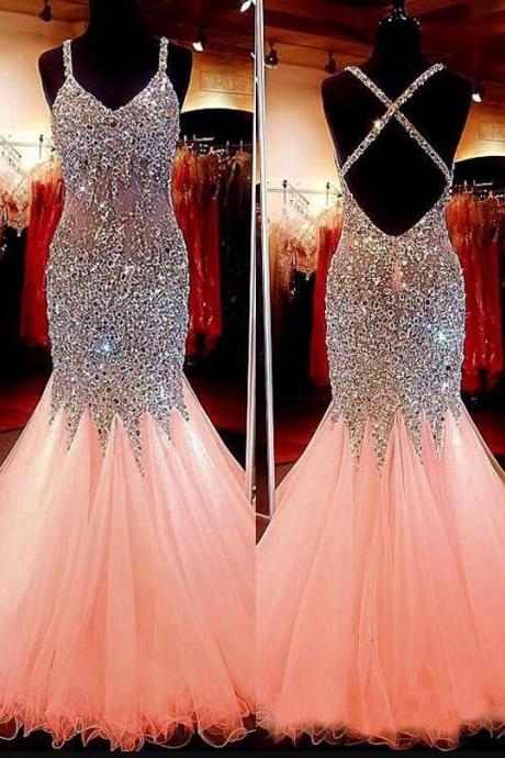 Sleeveless V-neck Prom Dress,mermaid Prom Dress,beading Prom Dress,tulle With Sequin Floor-length Dresses