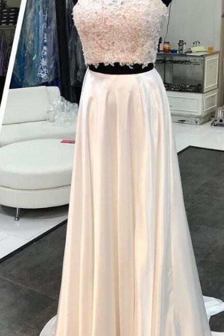 Two Piece Prom Dresses,prom Dress Long,sexy Prom Dress,lace Appliques Halter Neck Prom Dresses