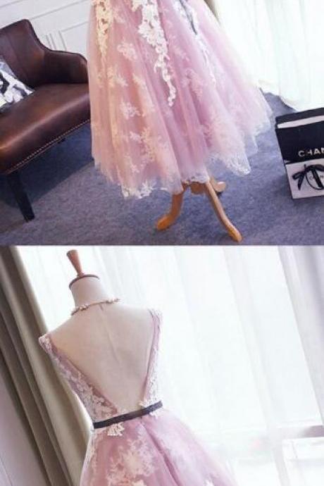 Sexy Prom Dress,floral Lace Appliquéd Scoop Neck Prom Dress,sleeveless Short Prom Dress,tulle Homecoming Dress Featuring Plunge V Back