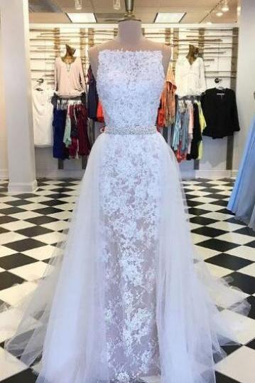 Round Neck Detachable Train White Prom Dress,a-line Illusion Prom Dress,sexy Prom Dress, Lace Prom Dress With Beading