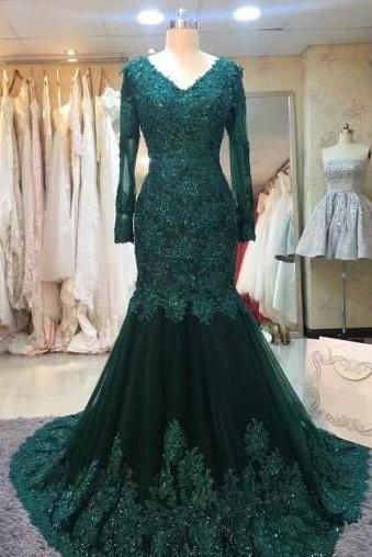 Long Sleeve Prom Dresses Trumpet/mermaid V Neck Dark Green Long Prom Dress/evening Dress