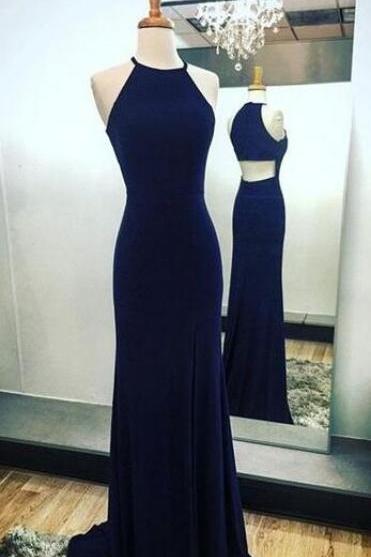 Halter Prom Gowns,Simple Party Dress,Dark Blue Evening Dresses 2018,Open Back Prom Dresses,Women Dress For Prom,Dress For Events,Long Evening Dress,Navy Blue Sheath Halter Evening Gowns
