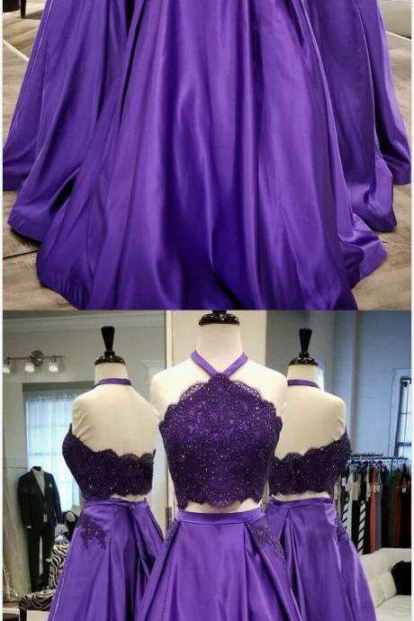 Gorgeous Purple Prom Dress,lace Prom Dress,chiffon Prom Dress,two Piece Applique Prom Dress,halter Long Evening Gowns With Pockets