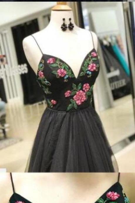 Sexy Beading Prom Dress,A-line straps black Prom Dress,Chiffon Prom Dress,long prom dress, beaded floral long prom dress, party dress