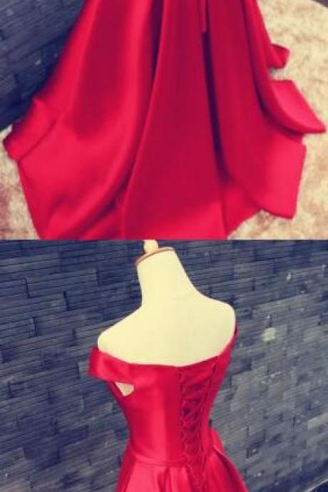 Elegant Lace Up Prom Dress,stain Prom Dress,red Off The Shoulder Prom Dresses, Long Prom Dresses, A Line Satin Party Dresses With Pleats