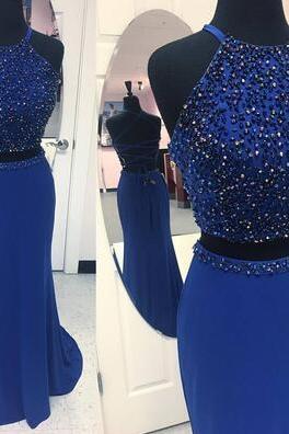 Long Formal Prom Dress, Sparkly Beaded Prom Dress,chiffon Prom Dress,sexy Dark Blue Long Evening Dress, Two Piece Party Dresses
