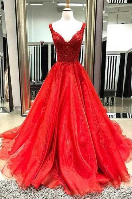 Sexy V-Neck Prom Dress,Tulle Prom Dress,Lace Prom Dress,Appliques Red Prom Dresses, Long Evening Dress, Formal Dress