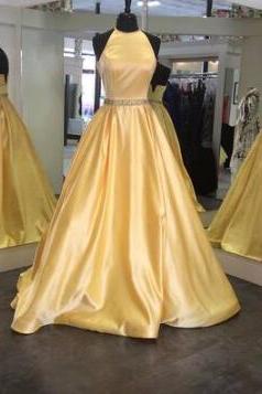 Backless Prom Dress, Satin Prom Dress, Simple Prom Dress,sexy Prom Dress,a-line Long Prom Dress, Yellow Prom Dress, Formal Dress, Graduation