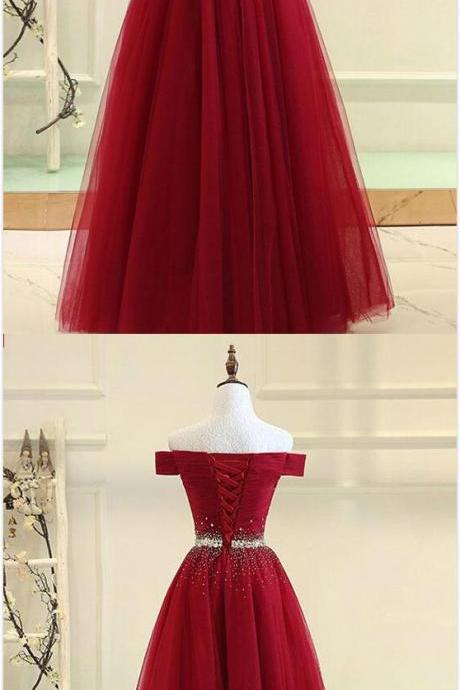 Off-the-shoulder Burgundy Prom Dress,tulle Prom Dress,modern A-line Prom Dress,long Prom/evening Dress With Beading