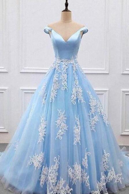 Sky Blue Prom Dress,lace Prom Dress,sexy V-neck A-line Prom Dress,lace Appliques Tulle Prom Dresses,formal Women Dress