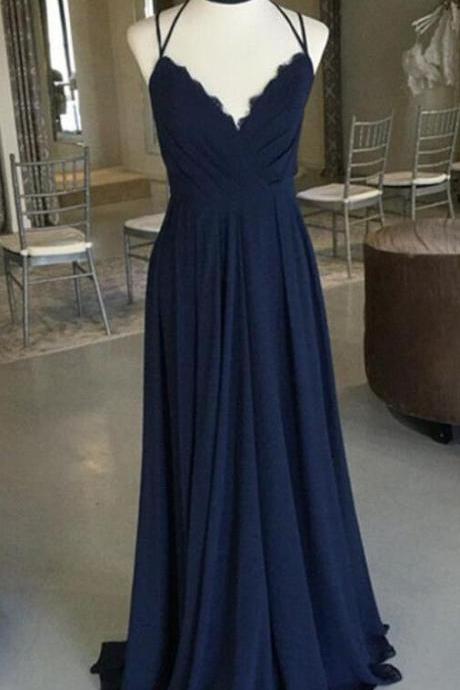 Chiffon Prom Dress ,floor Length Party Dress With Ruched Bodice,navy Blue V Neck Prom Dress,a Line Prom Dress