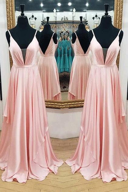Plunging V Neck Prom Dress,Simple Prom Dress,A Line Prom Dress, Blush Pink Long Formal Dress,Sexy Evening Gown With Open Back