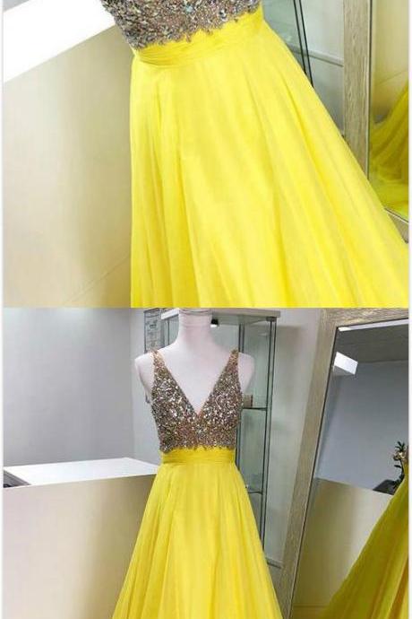 Stunning Yellow Prom Dress,beading Prom Dress,a Line Prom Dress,chiffon Prom Dress,v-neck Rhinestones Prom Dress,straps Chiffon Evening Dress