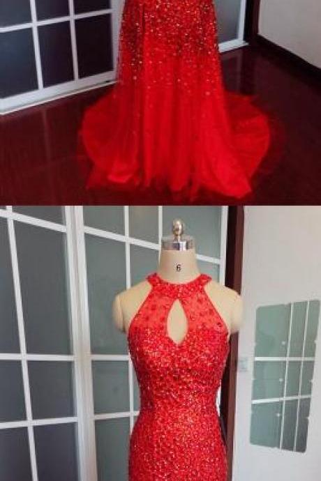 Luxurious Red Prom Dress,Sexy Prom Dress,Tulle Prom Dress,Crystal Beaded Mermaid Hater Prom Dresses Long Tulle Leg Split Evening Gowns